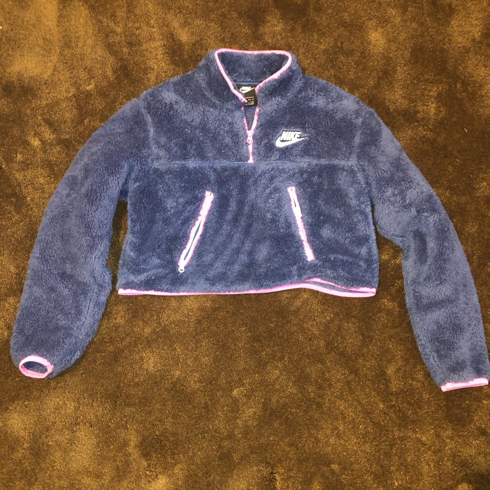 Nike Navy Plush Cropped Quarter-Zip Fleece with Pink Trim